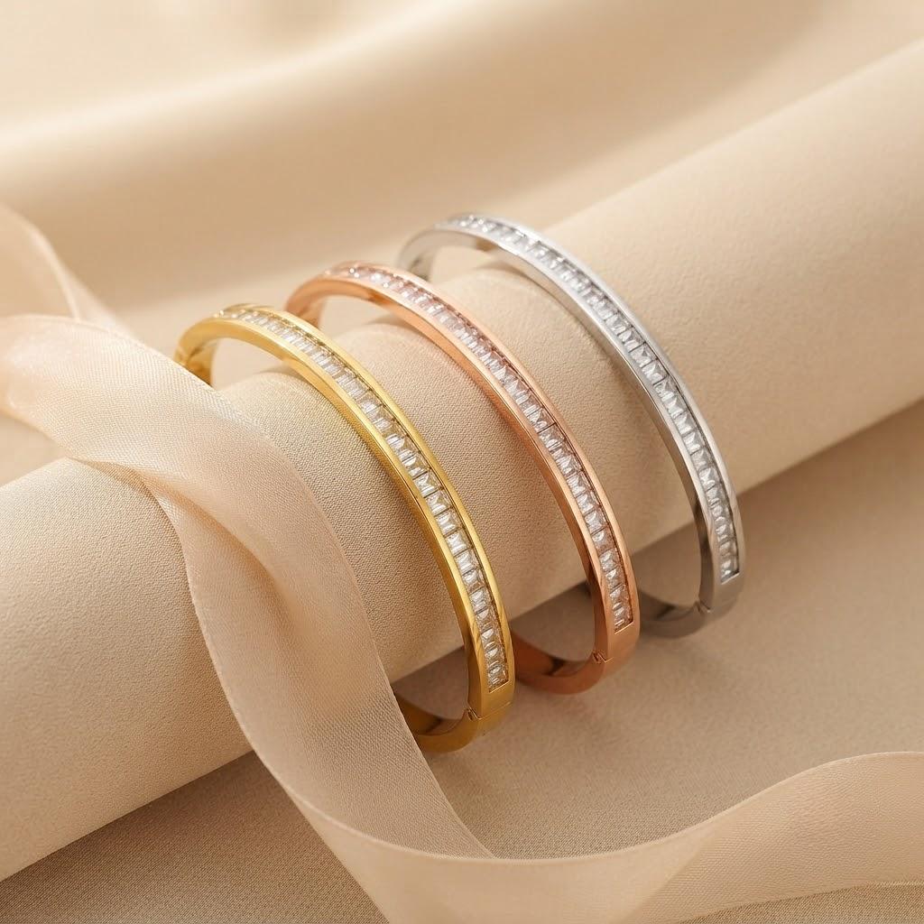 Premium Trendy Princess Cut Stone Stainless Steel Bangle Elegant Accessory Perfect for Parties