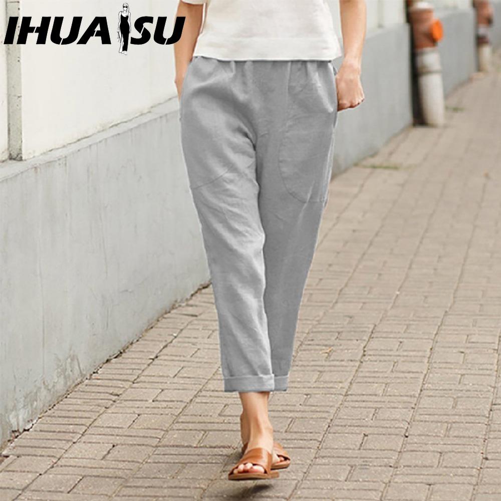 IHUASU Женские летние однотонные брюки с двойными карманами, свободные длинные брюки, женские хлопковые льняные брюки