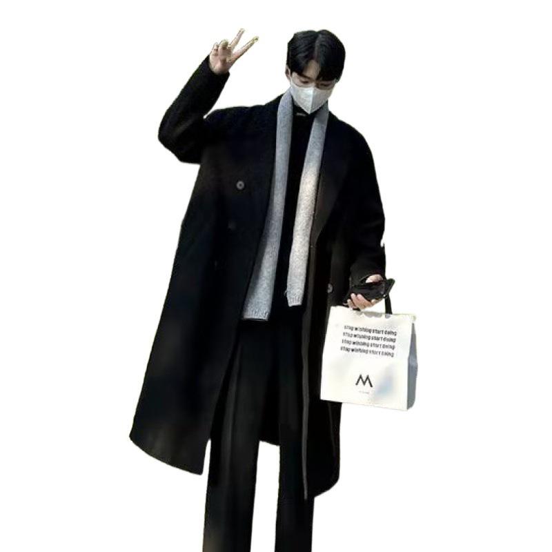 Мужское шерстяное пальто средней длины черного цвета - Утепленный тренч в корейском стиле для осени и зимы