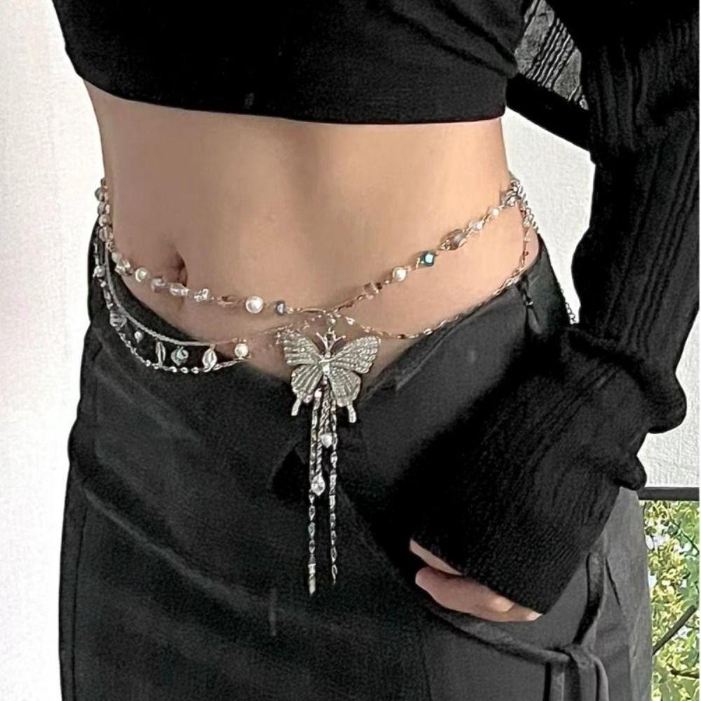 Elegant Multilayer Pearl Waist Chain Butterfly Belly Chain Retro Y2k Waistband Dress Accessories