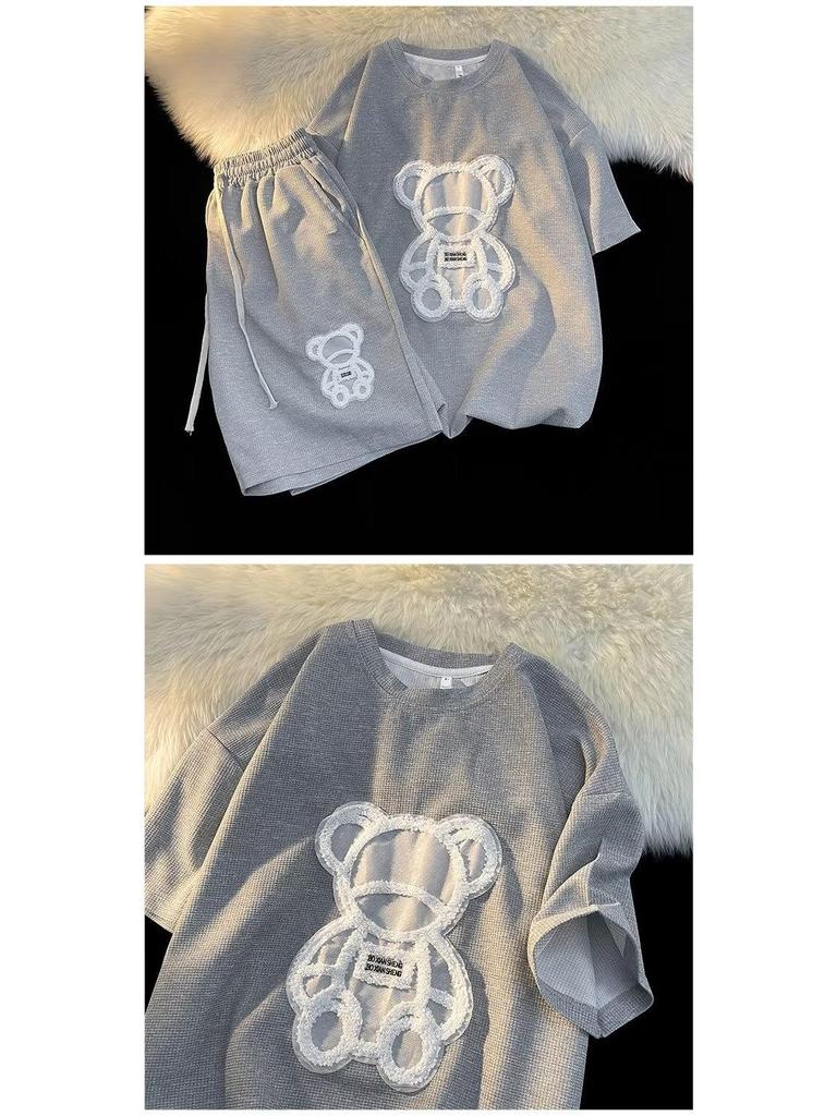 Мужской летний комплект из шорт с короткими рукавами и принтом медведя