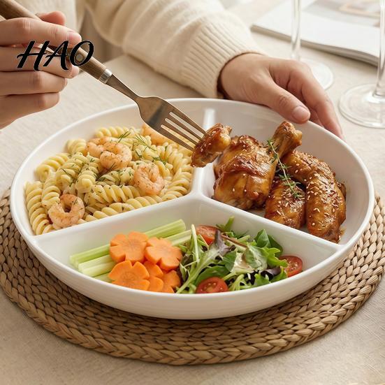 Elegant White Ceramic Dish Steamer Plate with 3 Divided Compartments, Round Heat Resistant Steaming for Food, Rice Meat Vegetable Separator