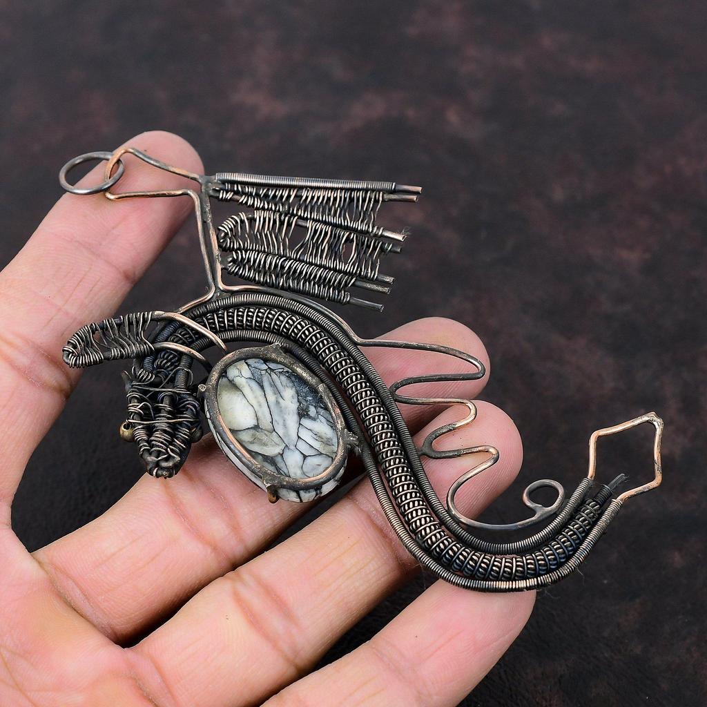 Подвеска из яшмы Pinolith, подвеска из медной проволоки, обернутая вручную, ювелирное украшение в виде дракона, потрясающий кулон из драгоценного камня, подарок для нее, ювелирное украшение из медной проволоки
