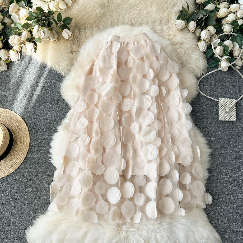 Летняя женская юбка миди с вышивкой в горошек, трехмерная, с большим клешем, из тюля