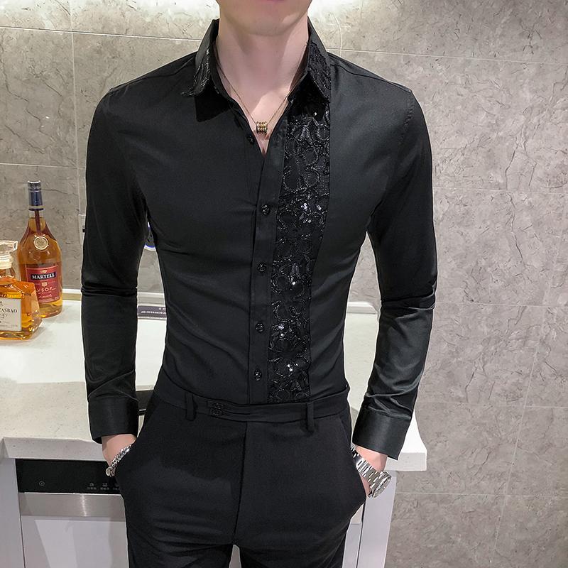 British Style Casual Shirts Men Shine Lace Splicing Personality Banquet Dress Shirts Men's Slim Tuxedo Shirt Solid Color Super Stage Costume