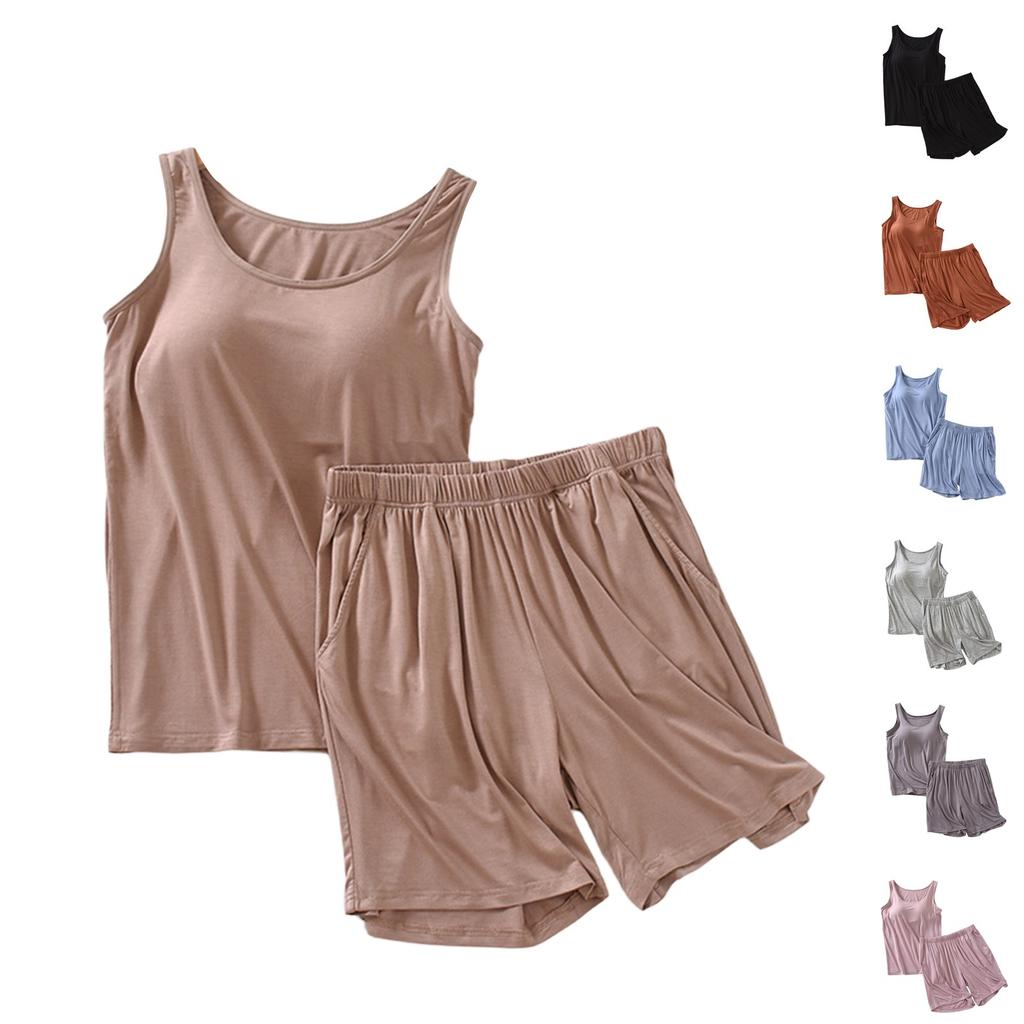 Women's Pajama Set With Chest Pad Solid Color Sleeveless Vest Short Split Pants Two Pieces