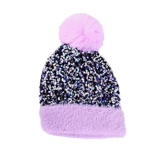 Женская вязаная шапка с плюшевым помпоном, украшенная блестящими пайетками, шапка без полей, зимняя теплая пушистая панама, головной убор