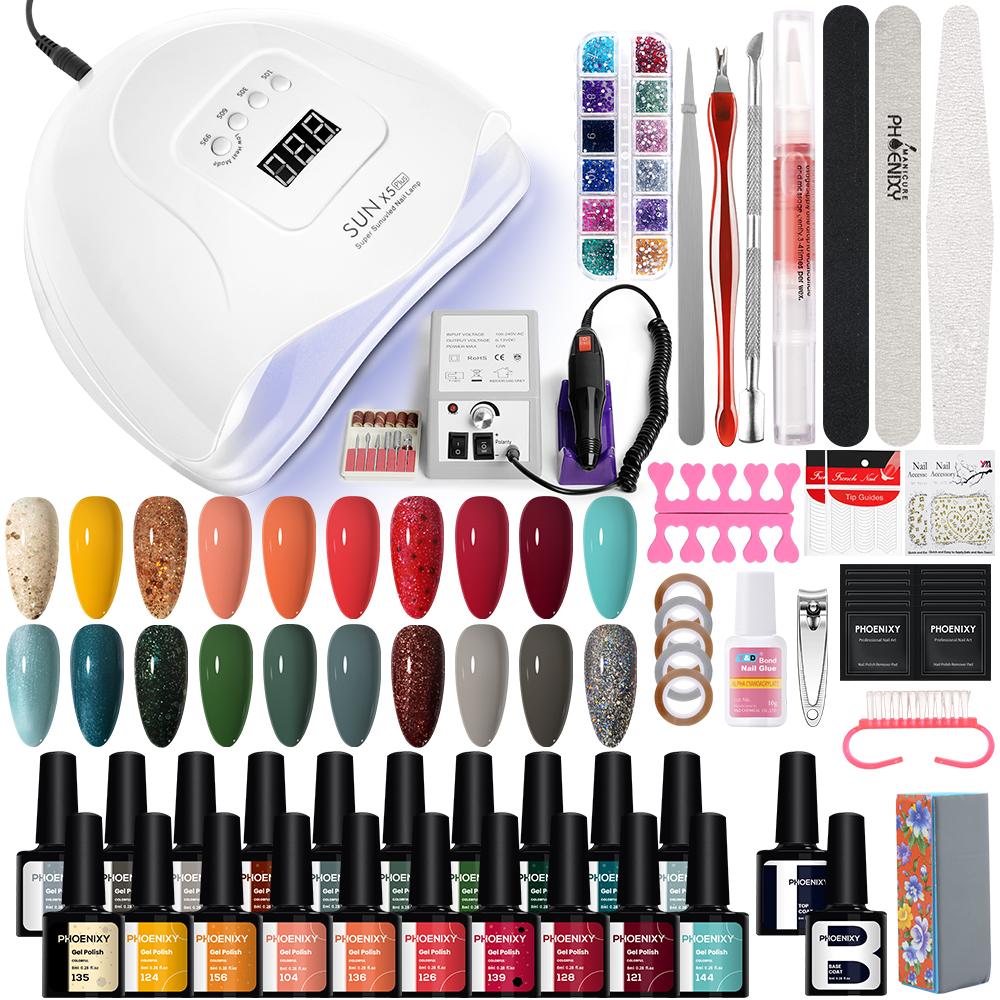 Набор гелей для ногтей PHOENIXY, профессиональный дизайн ногтей с УФ-светодиодной лампой 80 Вт, дрель для гель-лака для ногтей, набор инструментов для удаления лака для ногтей, набор инструментов для маникюра