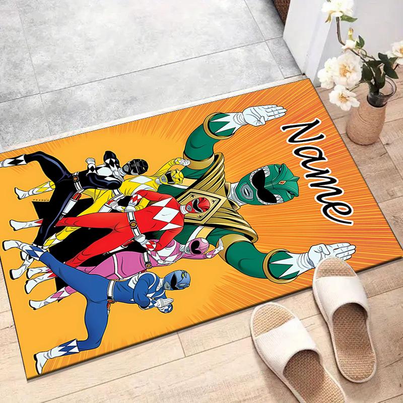Custom Mighty Morphin Power Rangers Mat Personalized Name, Polyester Washable Indoor Entryway Rug, Gift for Christmas, Easter, Thanksgiving Day