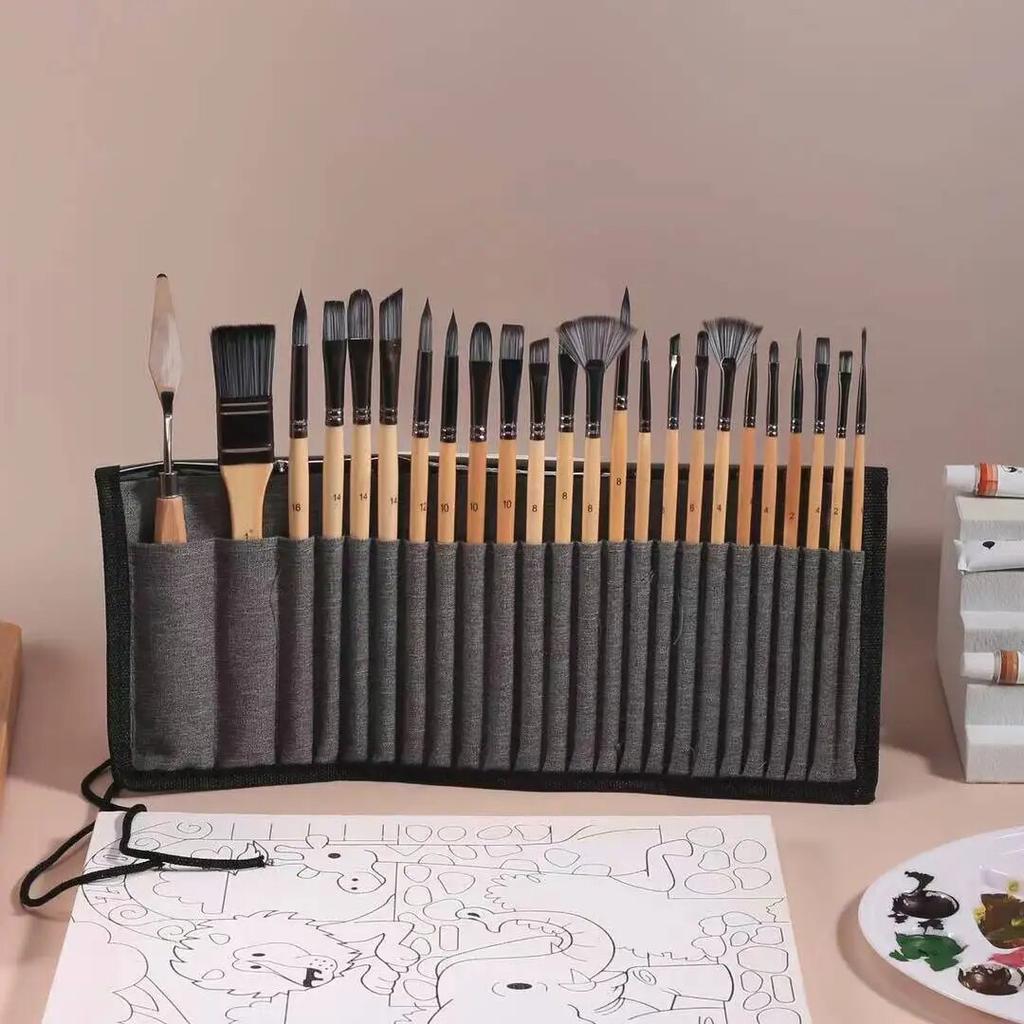 24 Piece High-quality Nylon Hair Birch Short Rod Artist Paint Brush Set Applicable To Watercolor and Acrylic Painting Art Supply