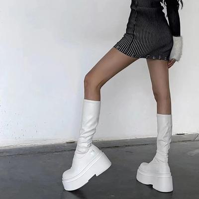 Ботинки Женские Весенне-летние Новые Круглый Носок Толстая Подошва Эластичные Узкие Миллениум Спайс Герлз Высокие Ботинки