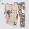 2 Pcs/Set Women Top Pants Set Round Neck Flower Camouflage Print Irregular Hem Short Sleeves Loose Drawstring Elastic Waist Lady T-shirt Trousers Set