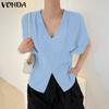 Women Girls V Collar Short Sleeve Ruffled Slim Waist Casual Blouse