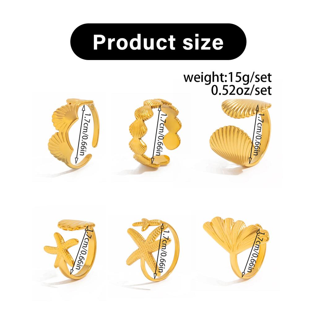 Набор из 6 регулируемых колец в виде морских звезд и ракушек. Ювелирные украшения для отдыха на море. Модные кольца для ношения в несколько рядов.
