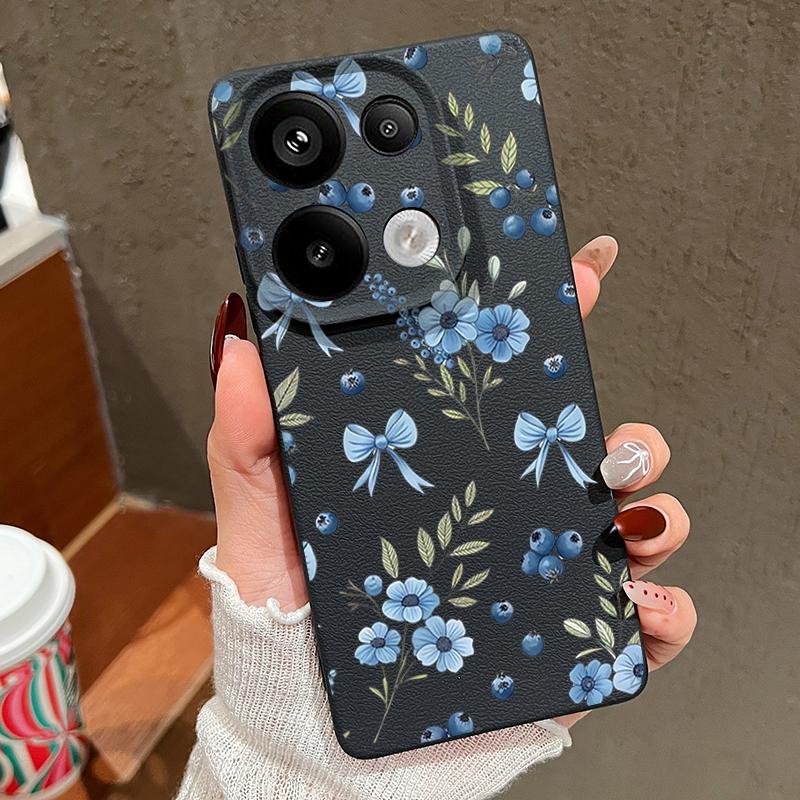 Чехол Синие Бантики Цветочный Узор Для Xiaomi 14T 13T 11T Pro Funda Redmi Note 14 13 12 11 Pro 5G 4G Кожаная Текстура Силиконовая Крышка