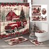 4pcs Vintage Red Truck Christmas Pattern Waterproof Shower Curtain With 12 Hooks Non-Slip Bathroom Rug Toilet U-Shape Mat Toilet Lid Cover Pad