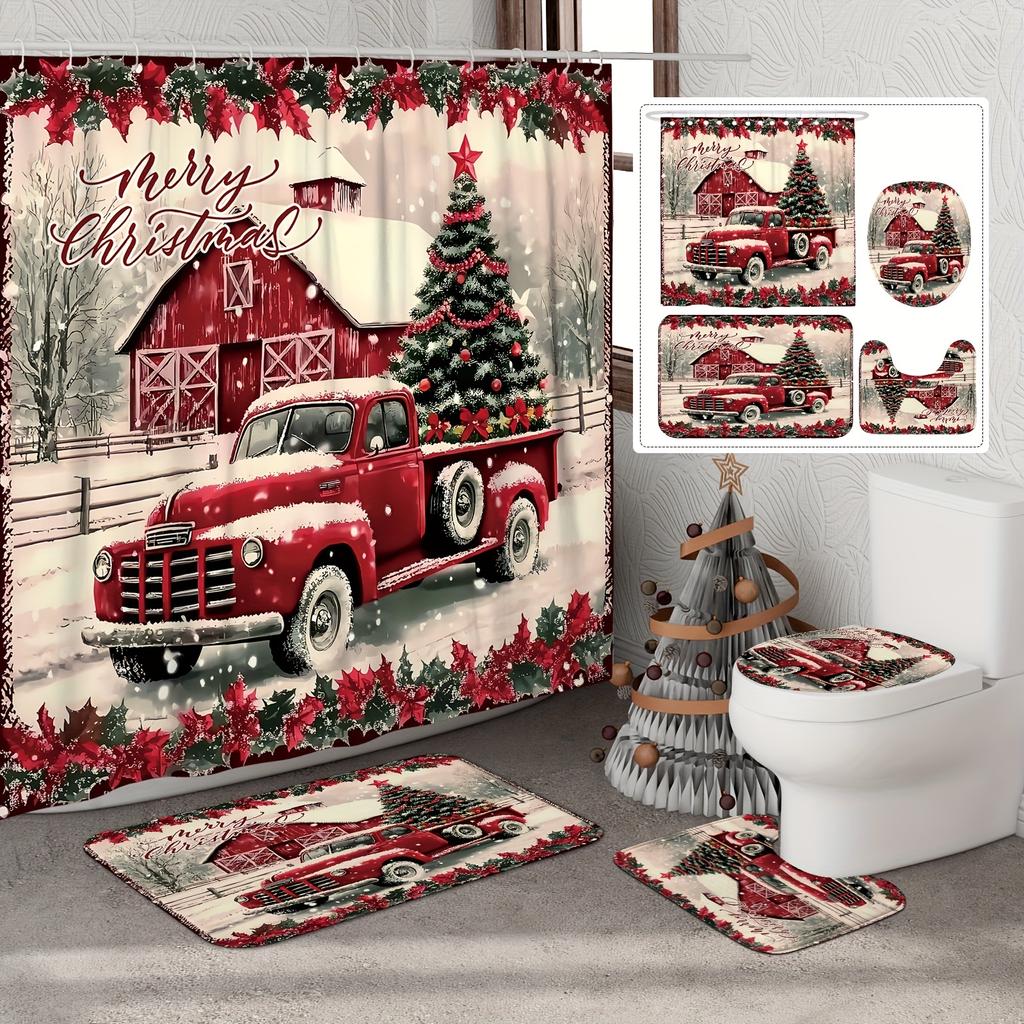 4pcs Vintage Red Truck Christmas Pattern Waterproof Shower Curtain With 12 Hooks Non-Slip Bathroom Rug Toilet U-Shape Mat Toilet Lid Cover Pad