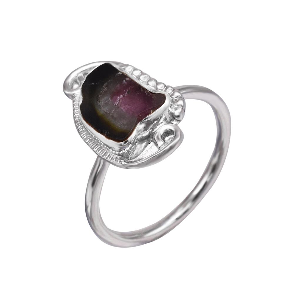 Кольцо из стерлингового серебра 925 пробы с необработанным турмалином и арбузом, размер 7,25, подарок США