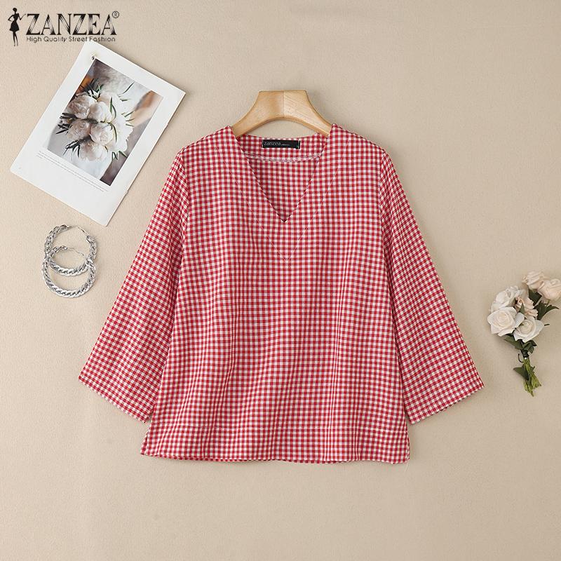 ZANZEA Женская повседневная блузка с V-образным вырезом, рукавами 3/4 и свободным кроем, в клетку