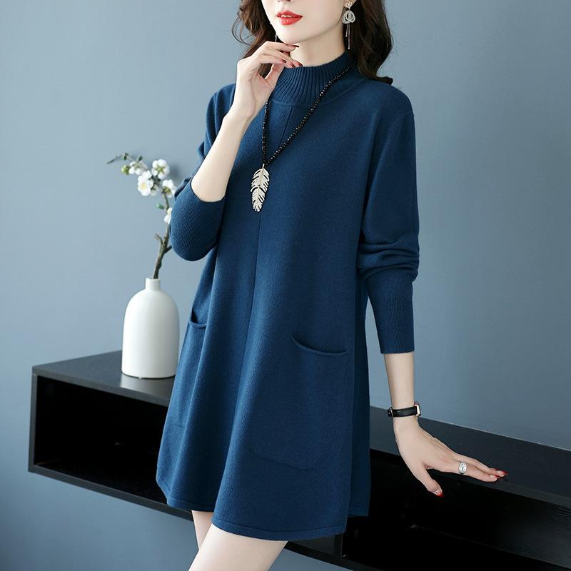 Свитер с полувысоким воротом большого размера, свободный и повседневный пуловер средней длины для женщин, однотонное вязаное платье А-силуэта