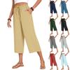 Women's Square Pocket Elastic Waist Cropped Pants Casual Cotton And Linen Pants