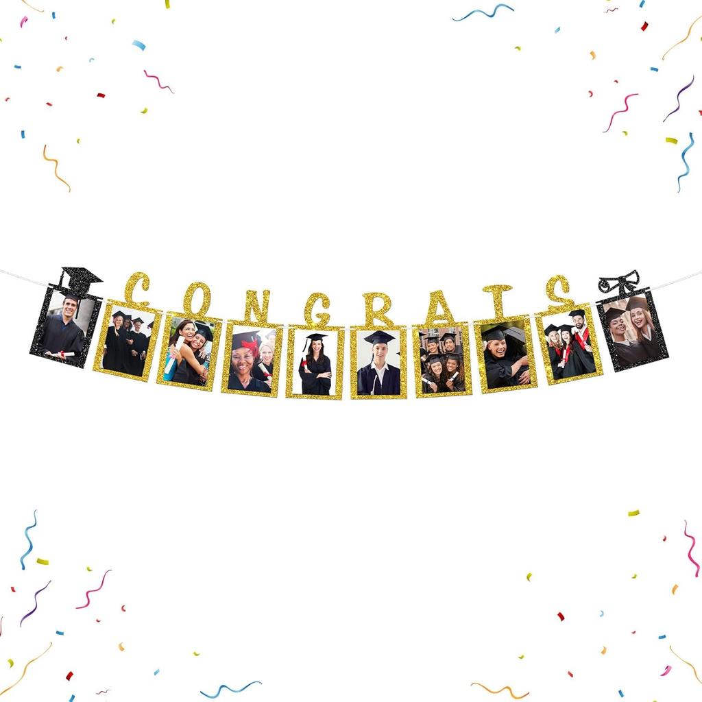 Senior Photo Banner Congrats Grad Paper Photo Frame High School College Graduation Bunting Decorations Congrats Senior Picture Banner Gold Glitter