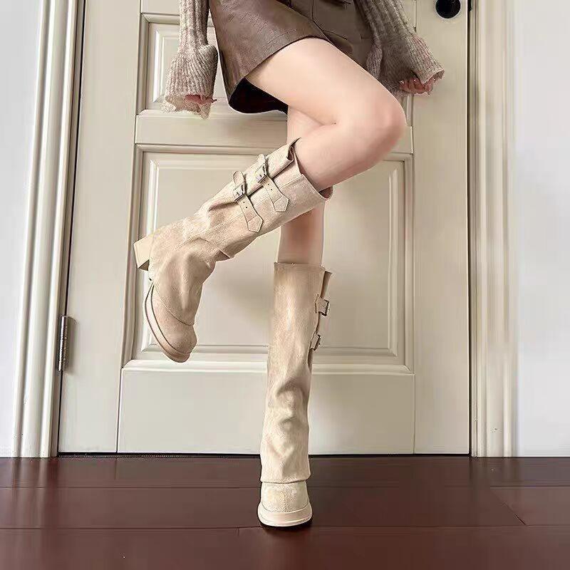 Модные ботинки до колена женские модные с круглым носком на платформе с металлической пряжкой замшевые нескользящие износостойкие на блочном каблуке одиночные ботинки