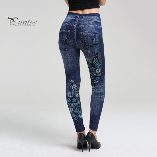 Fitness Pants High Waist Multi Pockets Butterflies Floral Print Leggings Push Up Imitation Jeans Skinny Women Yoga Activewear Sports