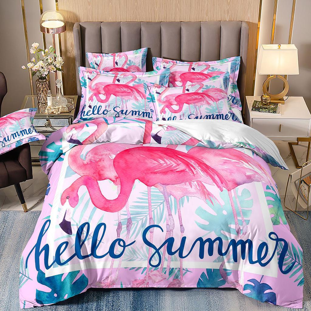 Flamingo Three-Piece 3D Printed Parrot Toucan And Tropical Flower Quilt Cover Pillowcase Bedding