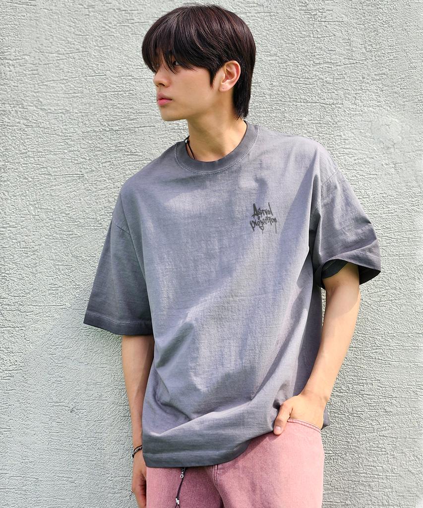 ASTRAL PROJECTION Pen Graffiti Lettering Pigment Loose Fit Short Sleeve T-Shirt_Gray