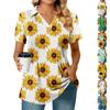 Women's Pleated V-neck Short Sleeved Sunflower Print T-shirt Business Casual Shirt