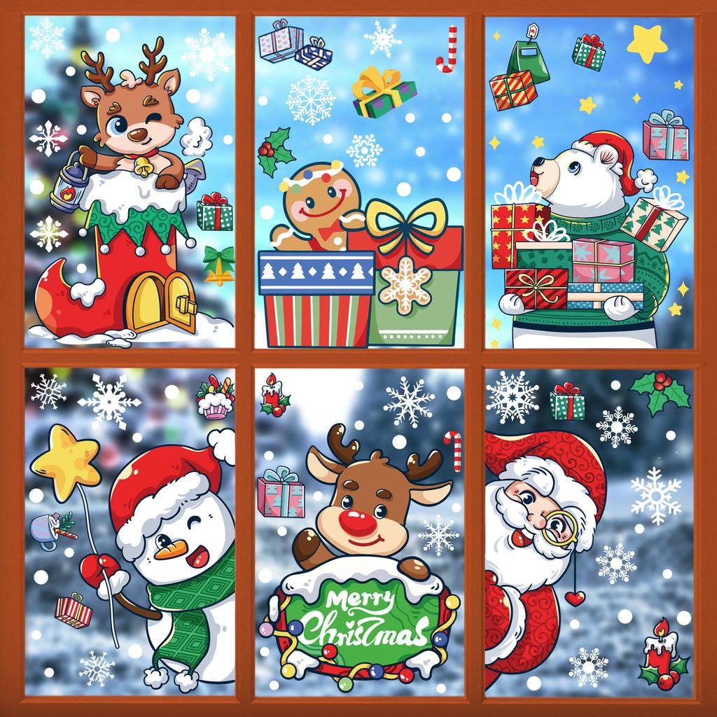 Christmas Decoration Window Stickers Cartoon Elk Santa Claus Snowman Xmas Mirror Stickers Merry Christma Sticker New Year
