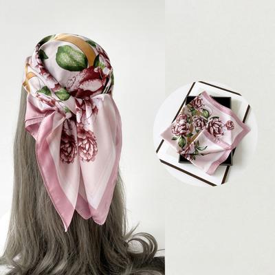 68cm Rose Printed Square Scarf Women's Spring and Summer Thin Imitation Silk Scarf High-end Versatile Headscarf Scarfs Shawl
