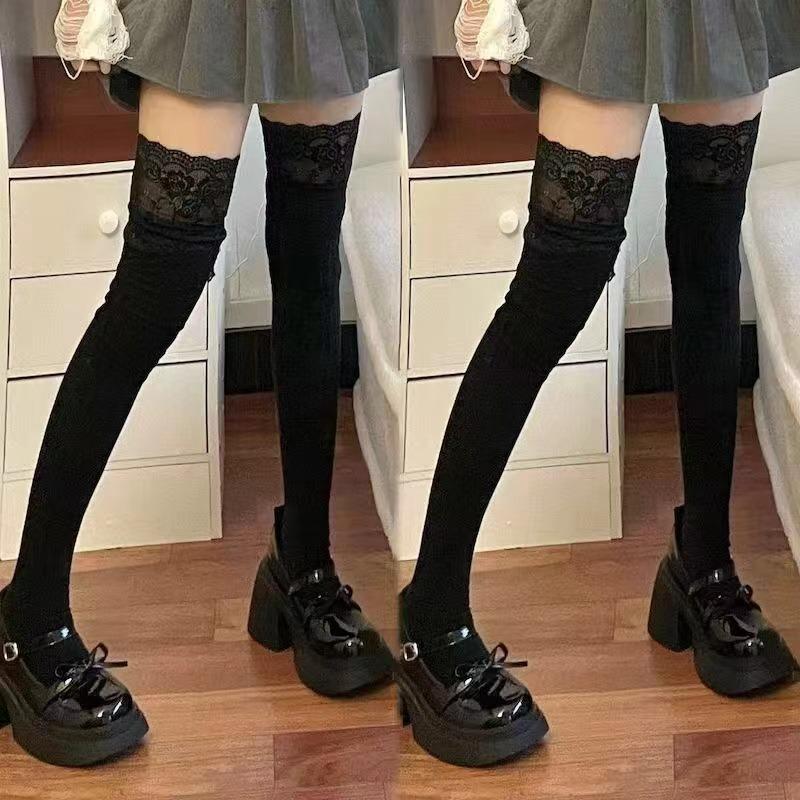 Socks Women Sexy Autumn/Winter Solid Color Thigh High Lace Cute Lolita Thick Warm Stockings Black White Overknee Long Leg Socks