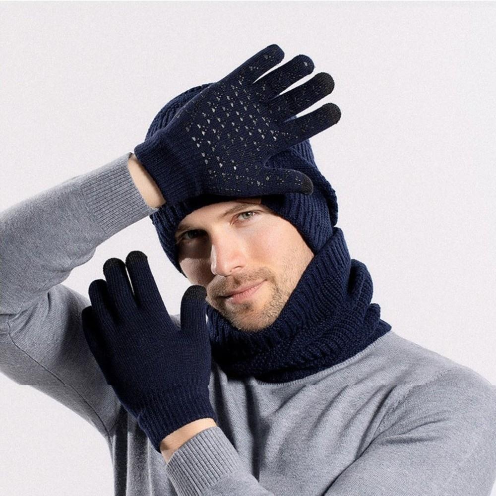 3pcs Warm Thermal Knit Cap Solid Color Winter Beanie Hat Neck Warmer Hat Scarf Gloves Set Outdoor