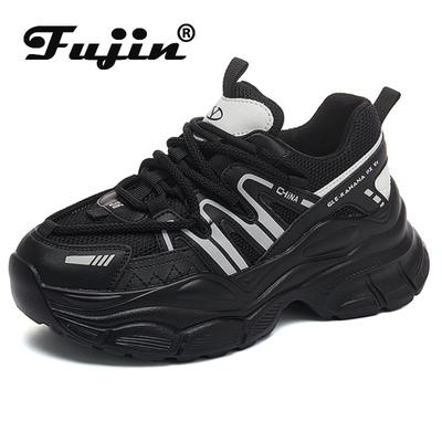 Fujin/5,5 см обувь на танкетке из коровьей натуральной кожи, вулканизированная обувь, женские массивные кроссовки с воздушной сеткой, женские летние дышащие модные