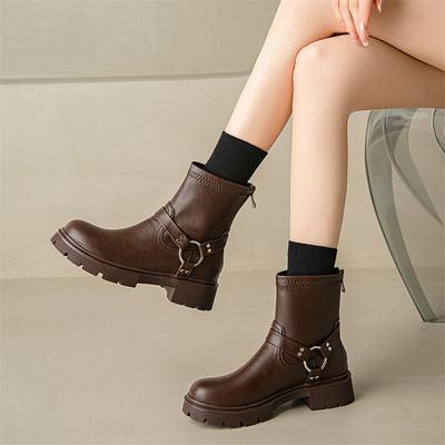 FOREADA Женские ботильоны с круглым носком, на толстом среднем каблуке, на молнии, с металлической отделкой, на платформе, короткие ботинки, модная женская обувь, зимние, черные, 43