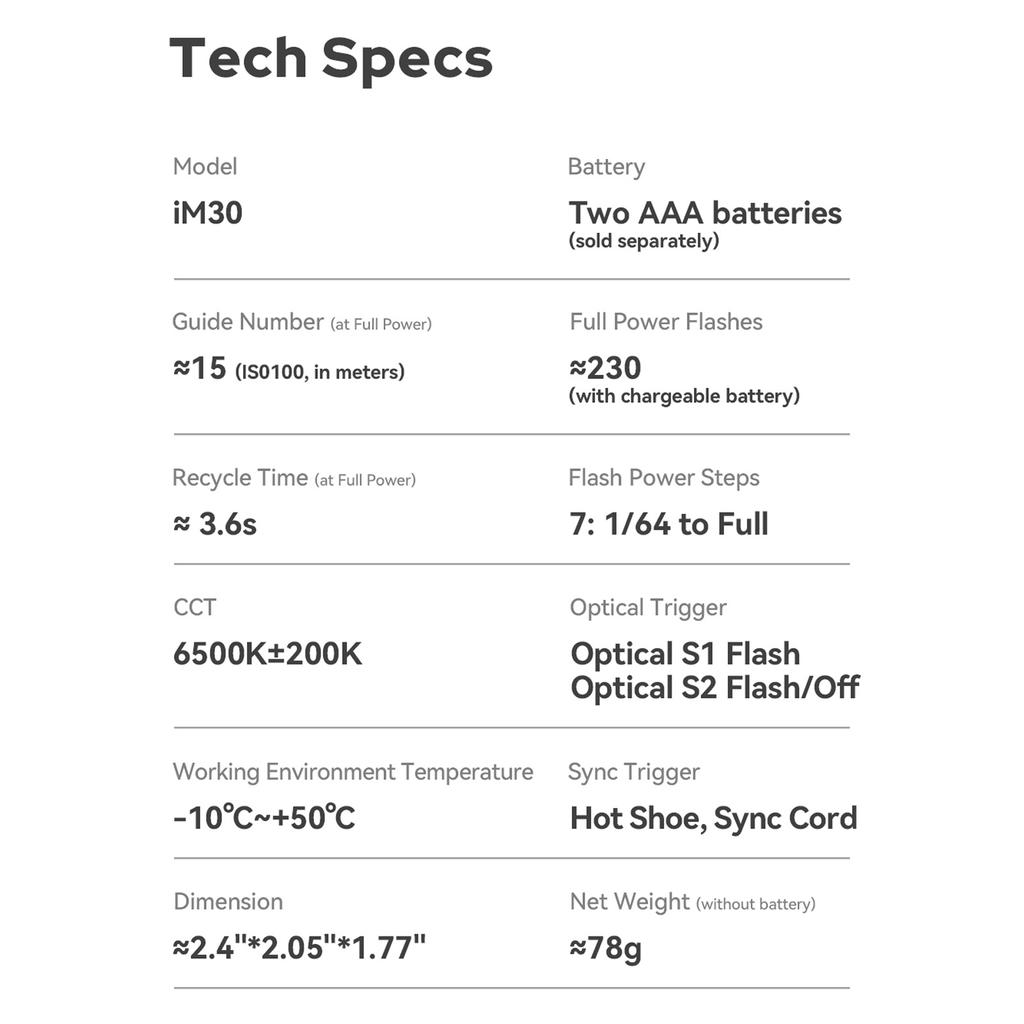 Накамерная вспышка Godox iM30 Mini GN15 Speedlite, 7 уровней мощности, время перезарядки 3,6 с