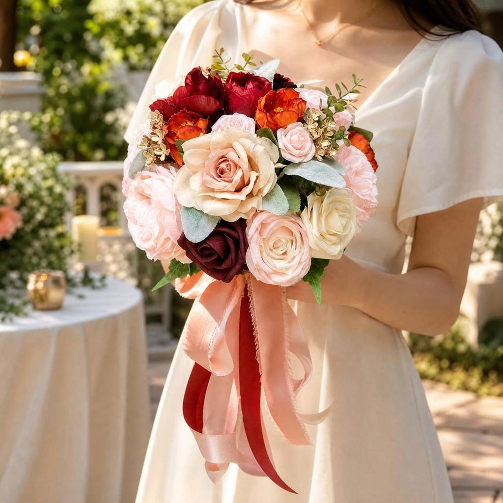 Silk Botanical Bouquet with Trailing Ribbons Lightweight Layered Flower