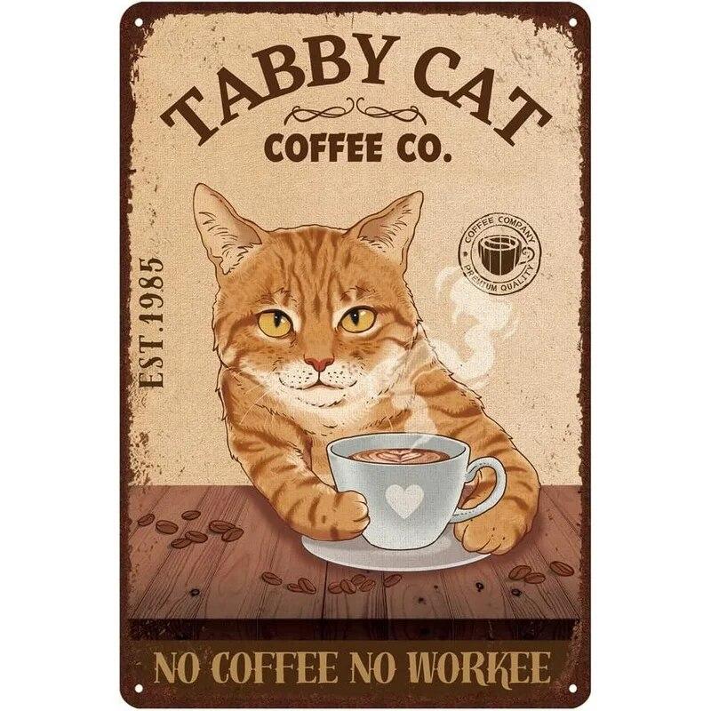 Нет кофе, нет работника, кот, металлические жестяные таблички, подарок для любителей кошек, винтажная табличка, металлический человек, пещерный бар, паб, клуб, кафе, украшение на стену дома