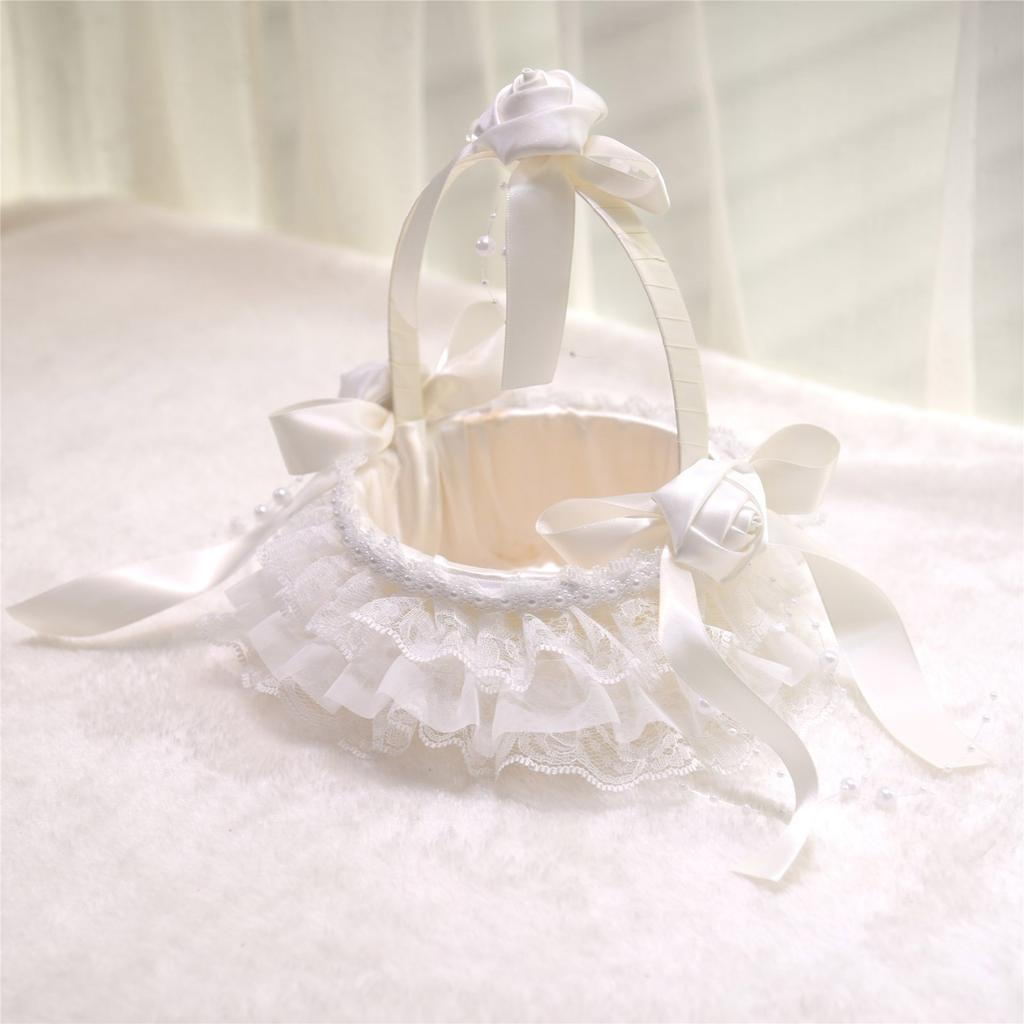 Lace Ruffles Wedding Baskets Bowknot Flower Baskets for Wedding Ceremony Wedding Flower Girl Basket with Flower Handle