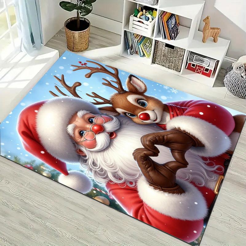 Cute Santa Claus And Rudolph Reindeer Heart‑shape Gesture Print Area Rug Non‑Slip Rectangular Floor Mat Home Decor