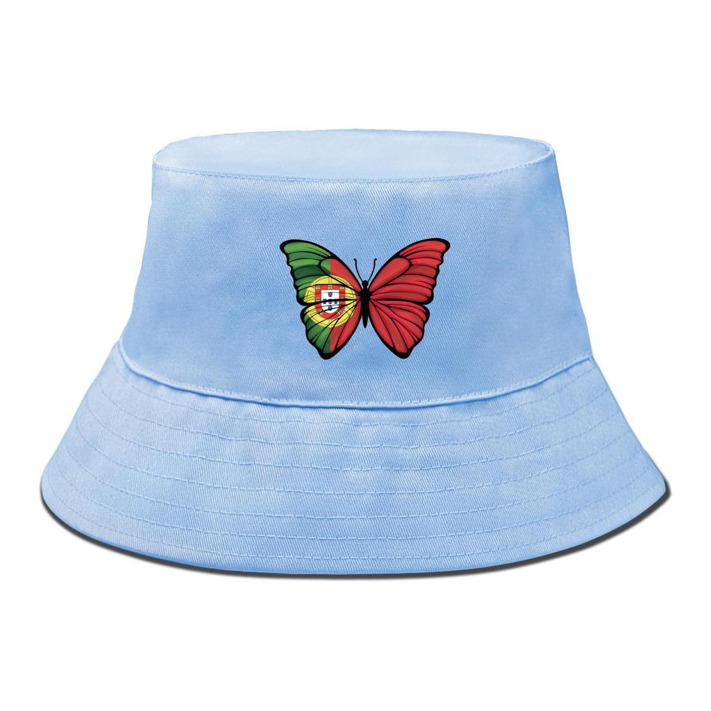 Bucket Hat With Butterfly Flag of Portugal Print , Patriotic Sun Cap Unisex Fashion Solid Color Beach Hat