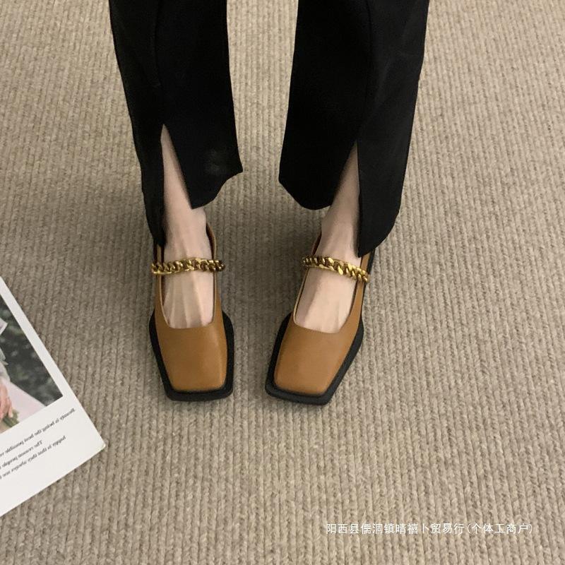 Ретро-лоферы с металлической цепочкой и квадратной головкой, женские, 2025, новые британские универсальные туфли Мэри Джейн, маленькие кожаные туфли для женщин