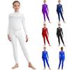 Girls Figure Skating Bodysuit Shiny Rhinestones Full Body Leotard Mock Neck Long Sleeve with Sheer Mesh Patchwork
