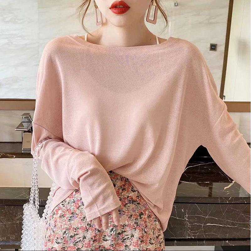 Women's Summer Ice Silk Gauze Sunscreen Blouse, Thin Airy Long-Sleeve Pink T-Shirt