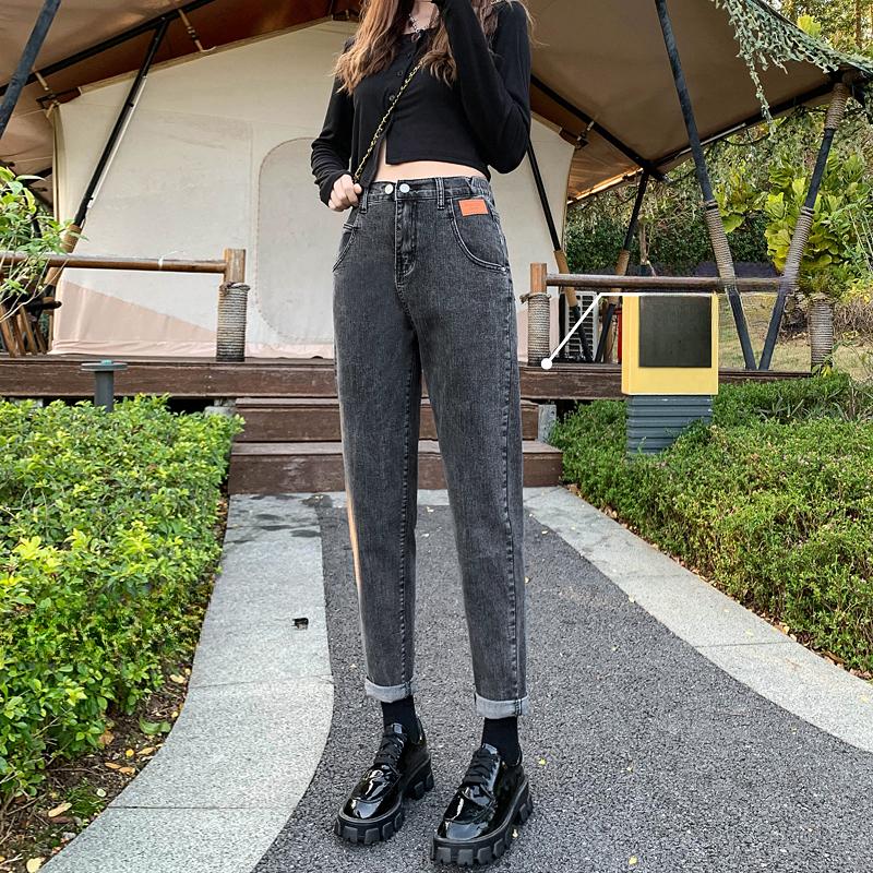 Весна Женские Джинсы Большого Размера Эластичные Пуговицы Прямые Базовые Брюки с Высокой Посадкой Синие Длинные Брюки