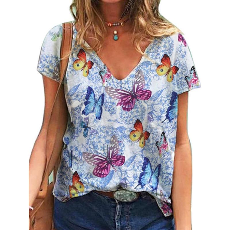 V-neck Short Sleeved Top with Sexy 3D Animal Butterfly Dragonfly Print Women's T-shirts