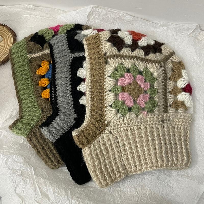 Вязаная балаклава с цветочным узором для студентов, взрослых, ветрозащитная зимняя шапка, шапка для защиты шеи, подростковая шапка для тепла, шапка для велоспорта