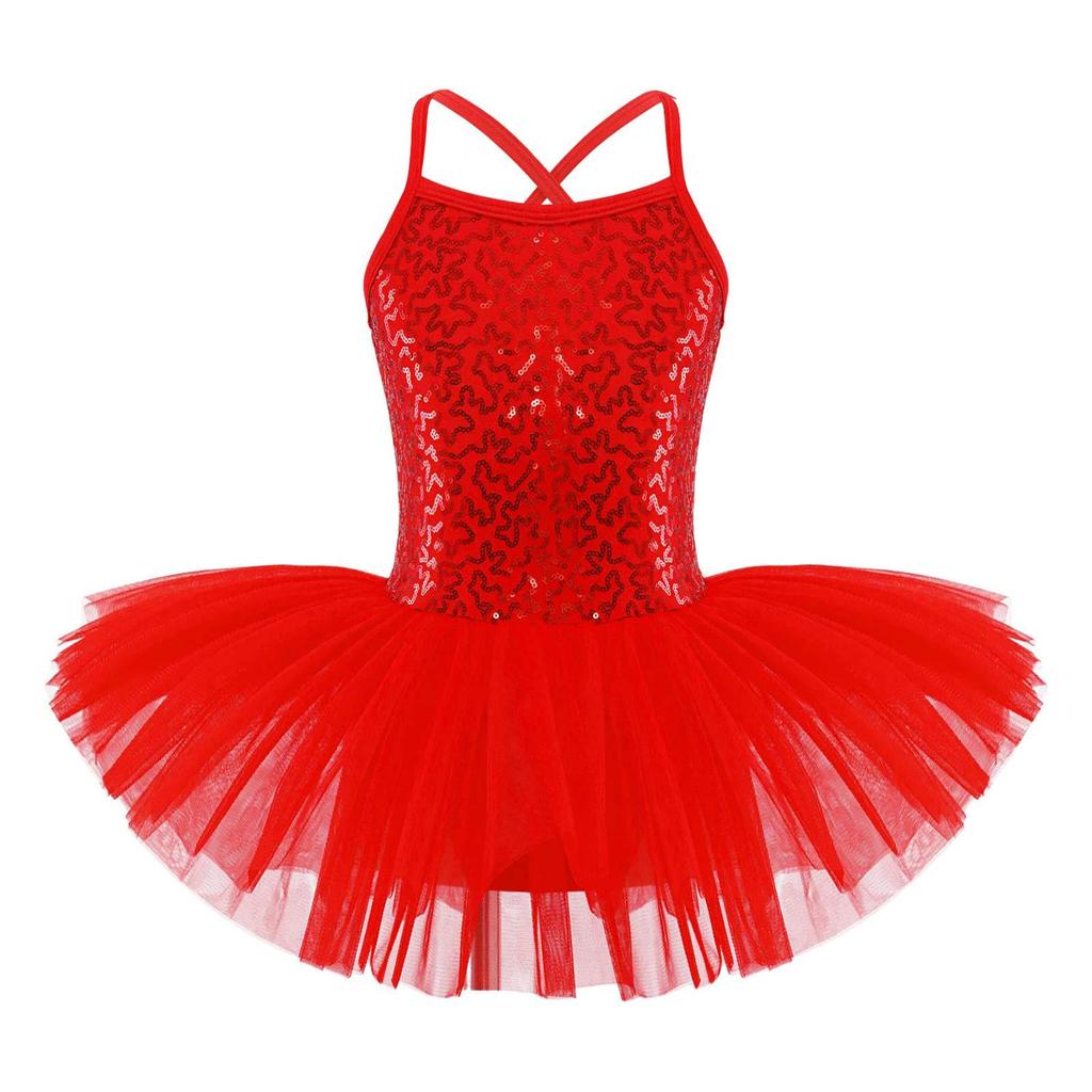 Kids Girls Ballet Dance Performance Costume Sequined Tutu Dress with Hair Tie Headwear